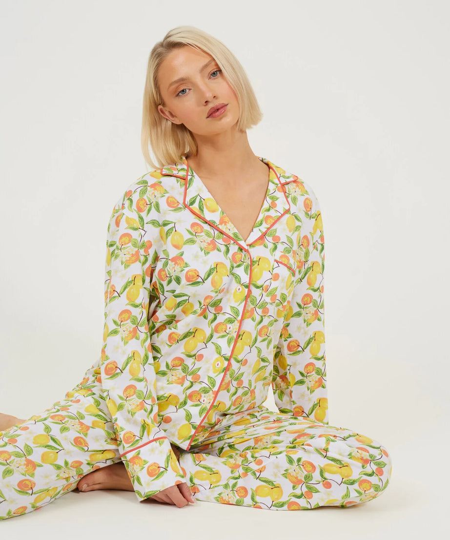 LONG SLEEVE BUTTON DOWN PJYAMA SET, CITRUS PRINT