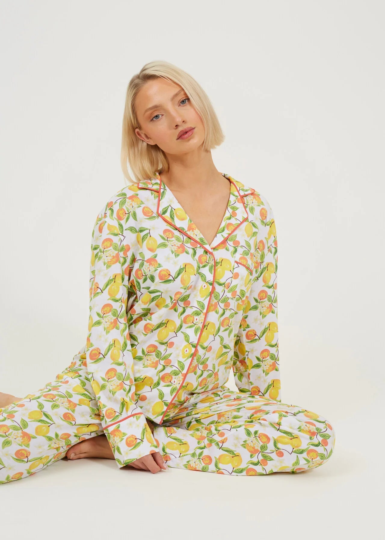 LONG SLEEVE BUTTON DOWN PJYAMA SET, CITRUS PRINT