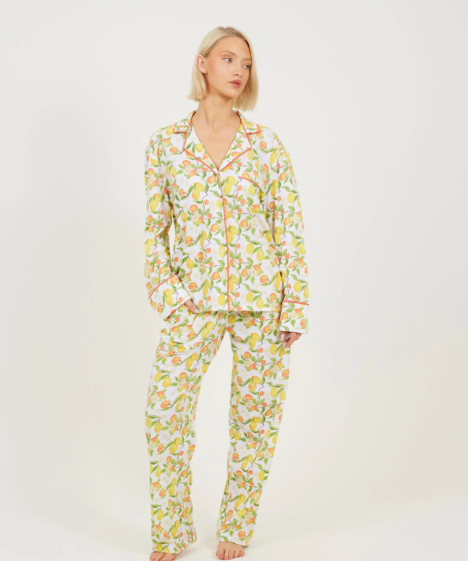 LONG SLEEVE BUTTON DOWN PJYAMA SET, CITRUS PRINT