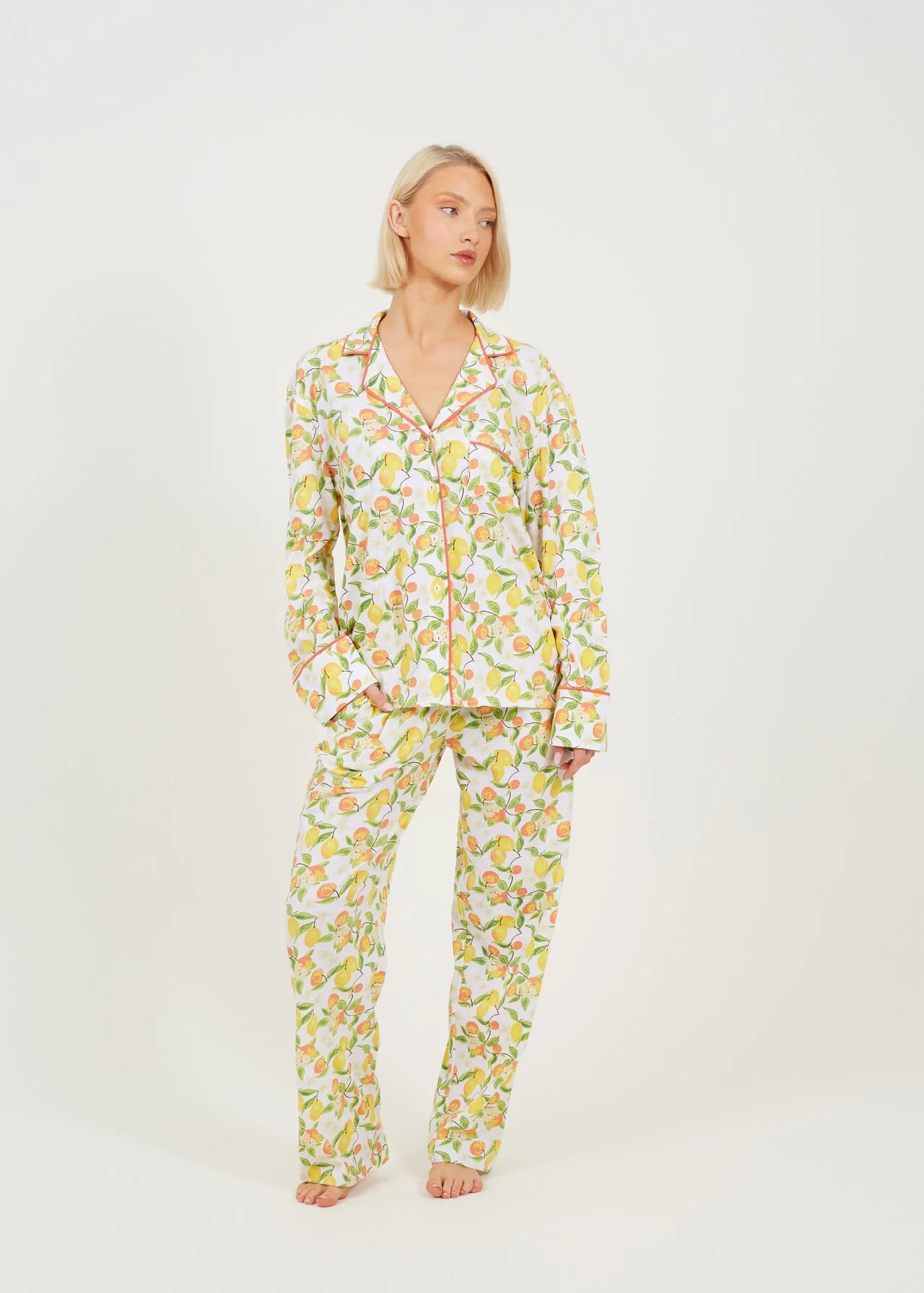 LONG SLEEVE BUTTON DOWN PJYAMA SET, CITRUS PRINT