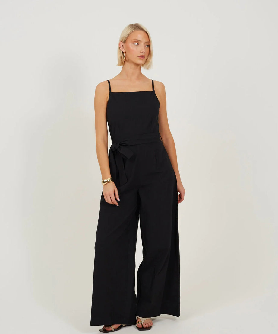 WOVEN TIE WAIST WIDE LEG JUMPSUIT, BLACK