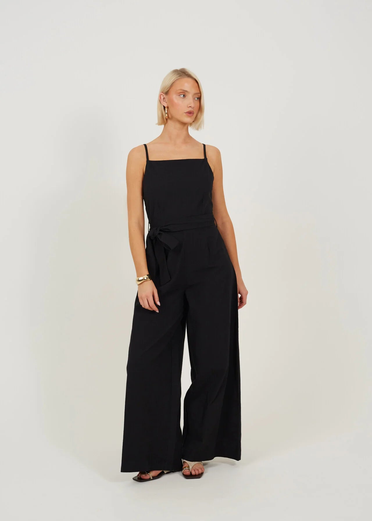 WOVEN TIE WAIST WIDE LEG JUMPSUIT, BLACK