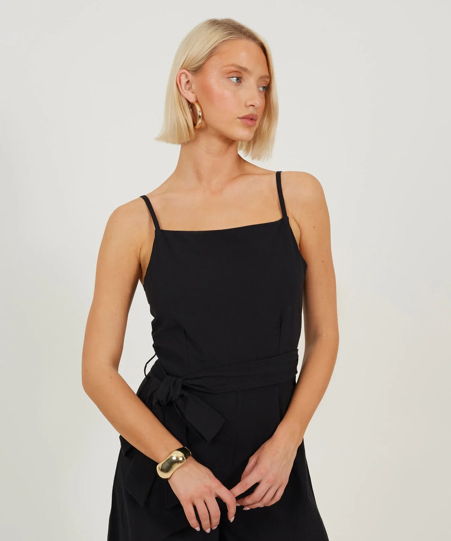 WOVEN TIE WAIST WIDE LEG JUMPSUIT, BLACK