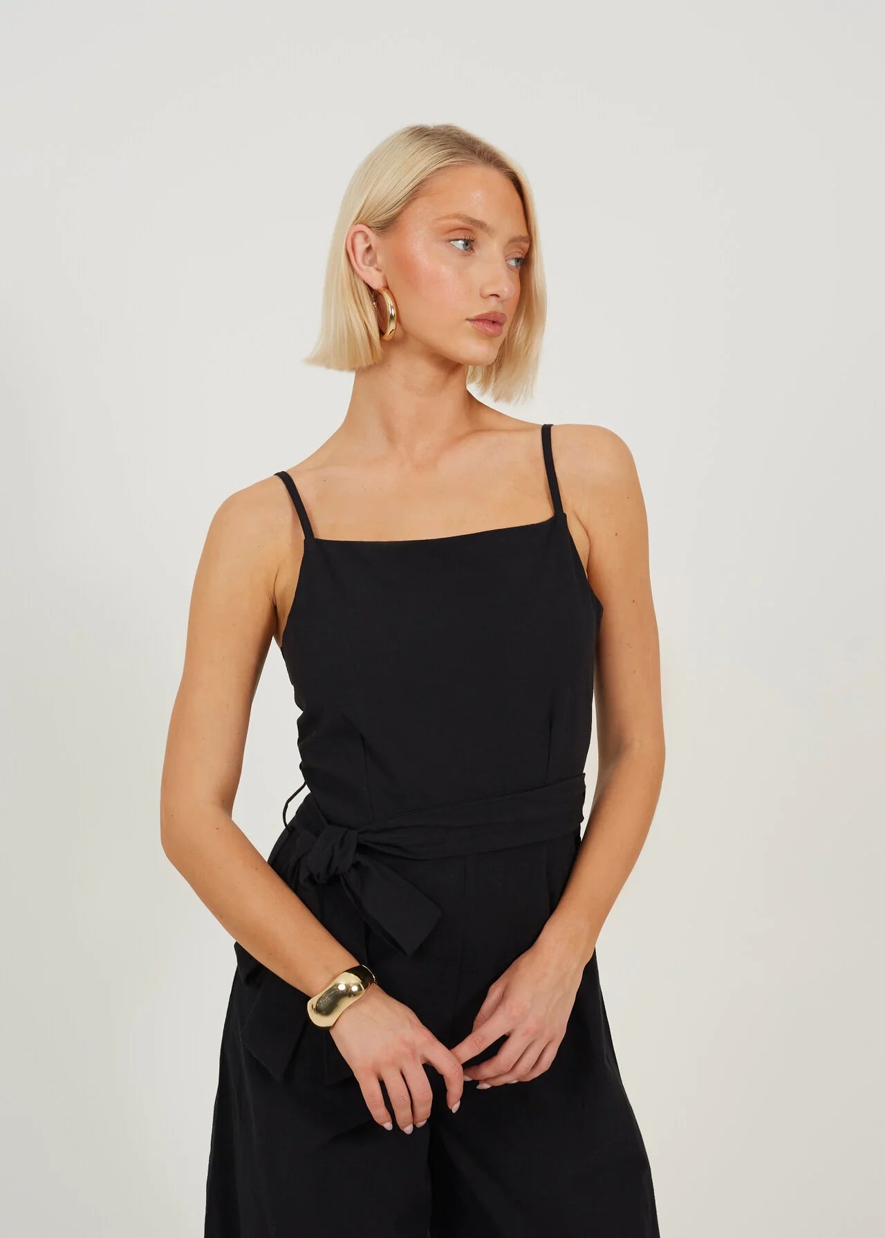 WOVEN TIE WAIST WIDE LEG JUMPSUIT, BLACK