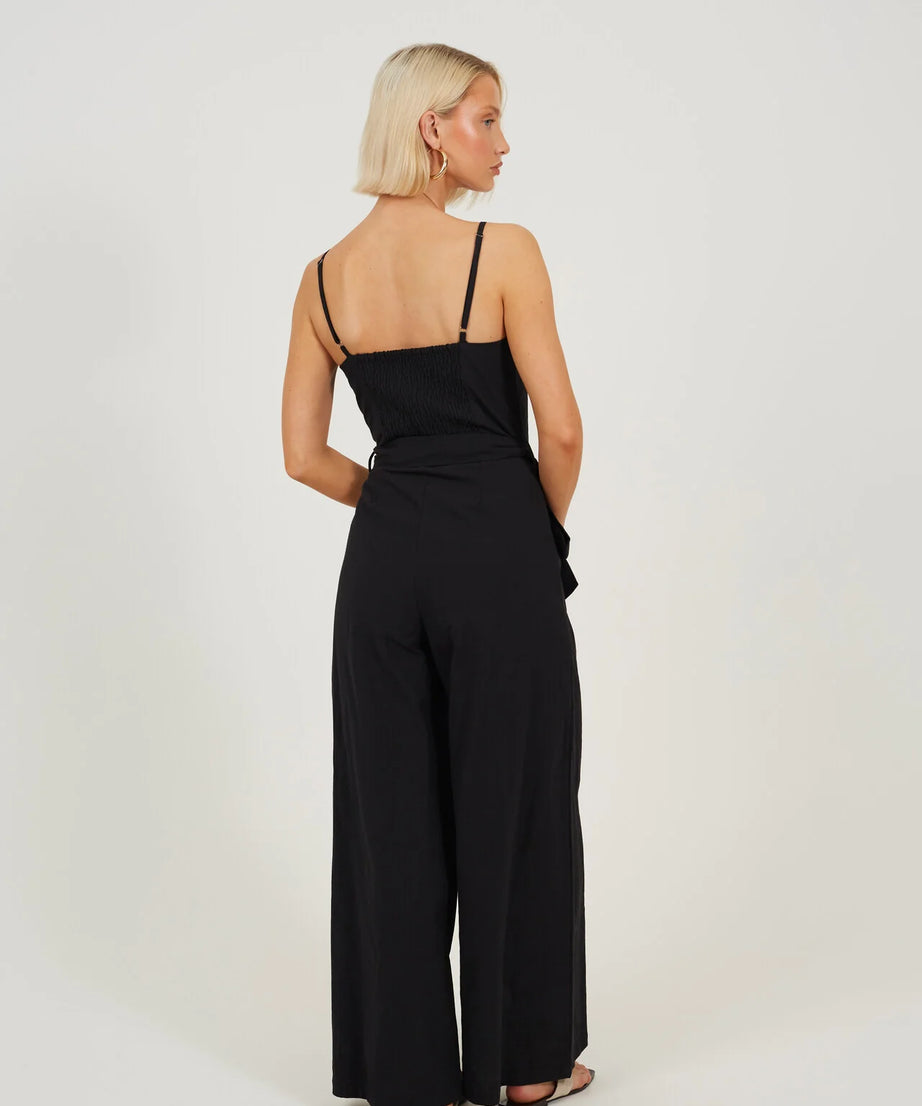 WOVEN TIE WAIST WIDE LEG JUMPSUIT, BLACK