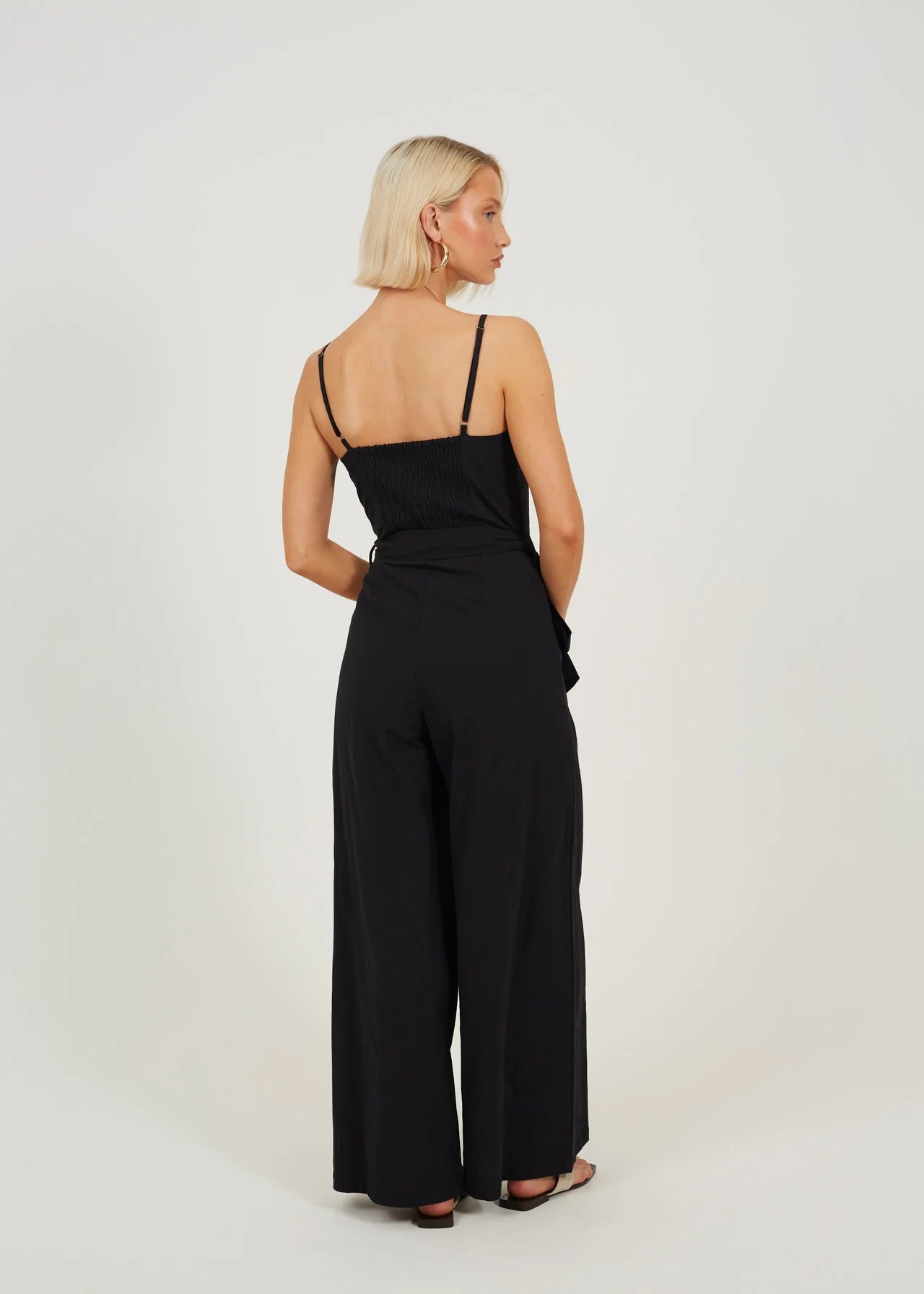 WOVEN TIE WAIST WIDE LEG JUMPSUIT, BLACK