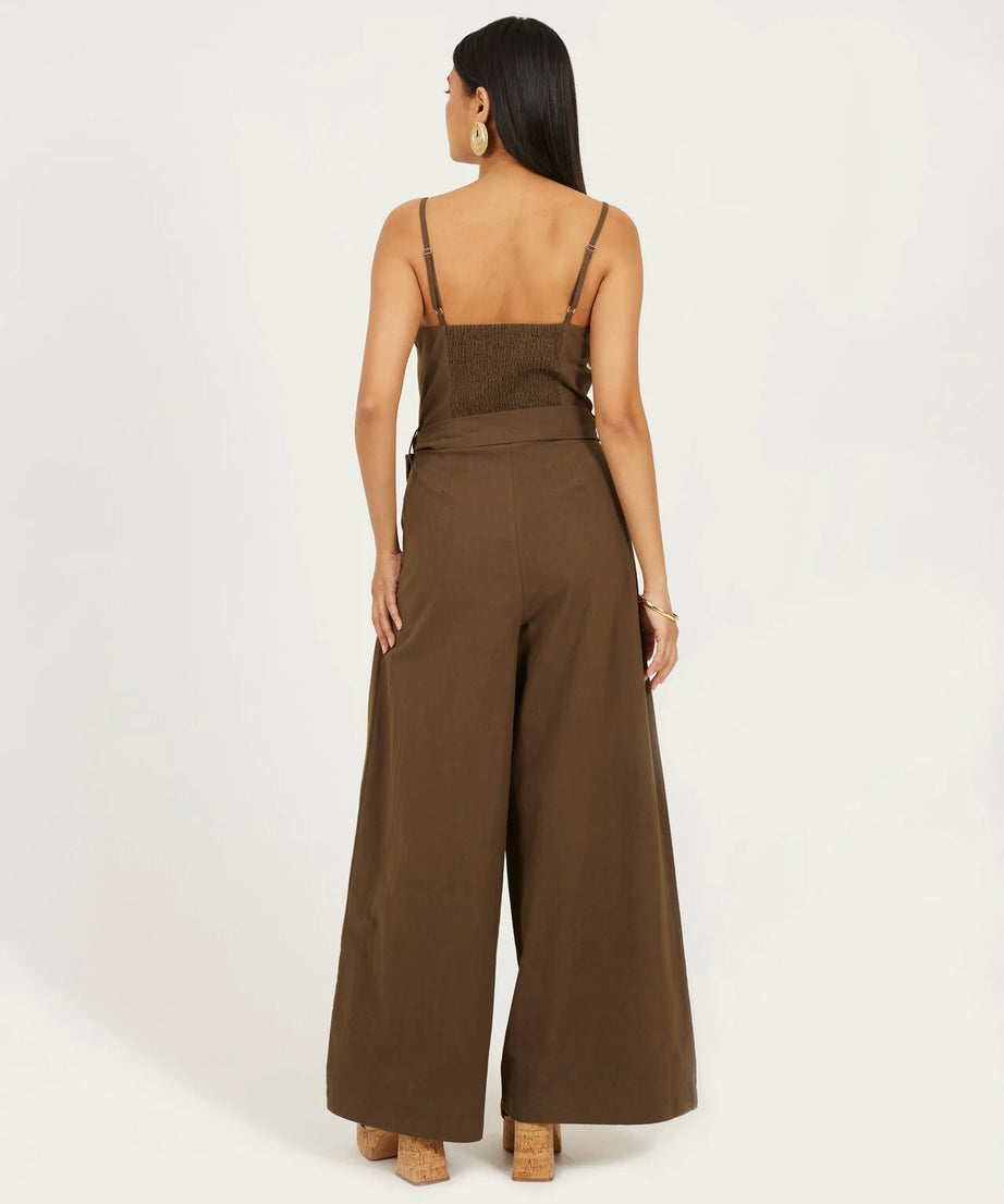 WIDE LEG STRAPPY WOVEN JUMPSUIT, TRUFFLE