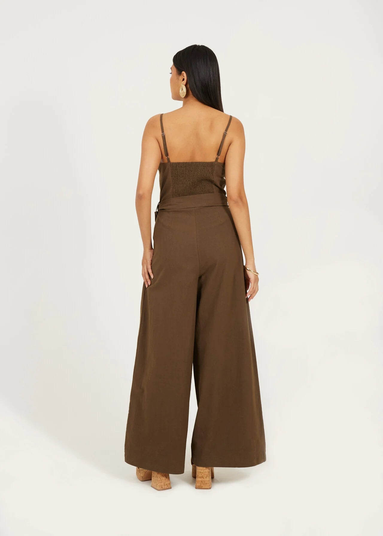 WIDE LEG STRAPPY WOVEN JUMPSUIT, TRUFFLE