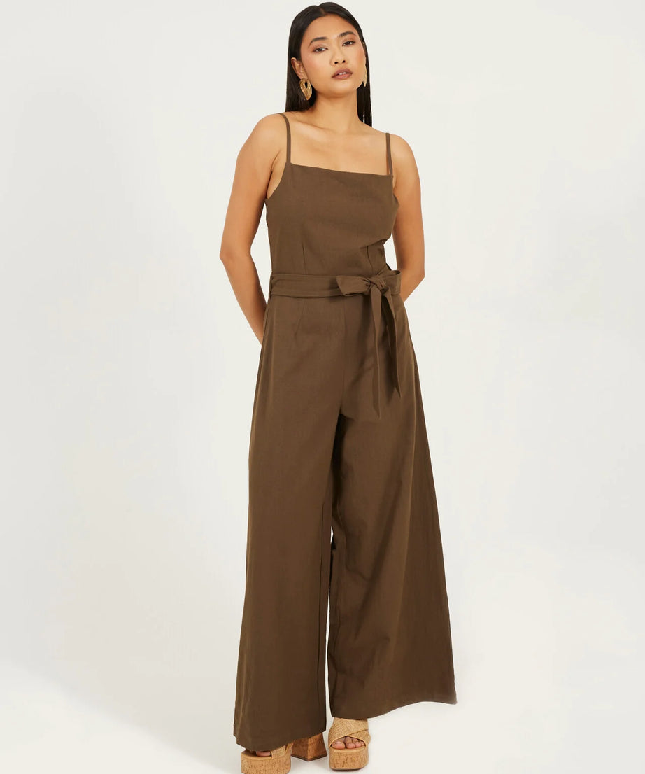 WIDE LEG STRAPPY WOVEN JUMPSUIT, TRUFFLE