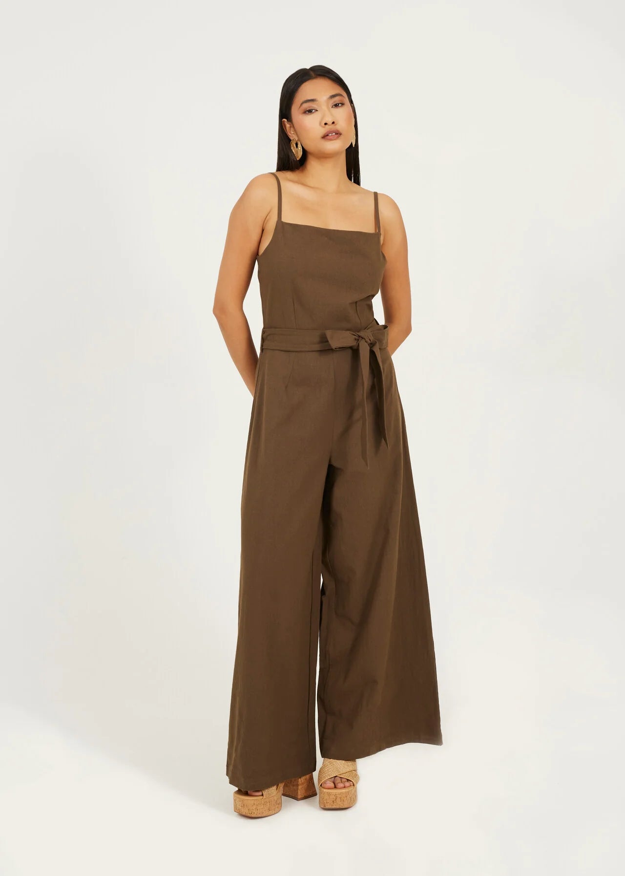 WIDE LEG STRAPPY WOVEN JUMPSUIT, TRUFFLE