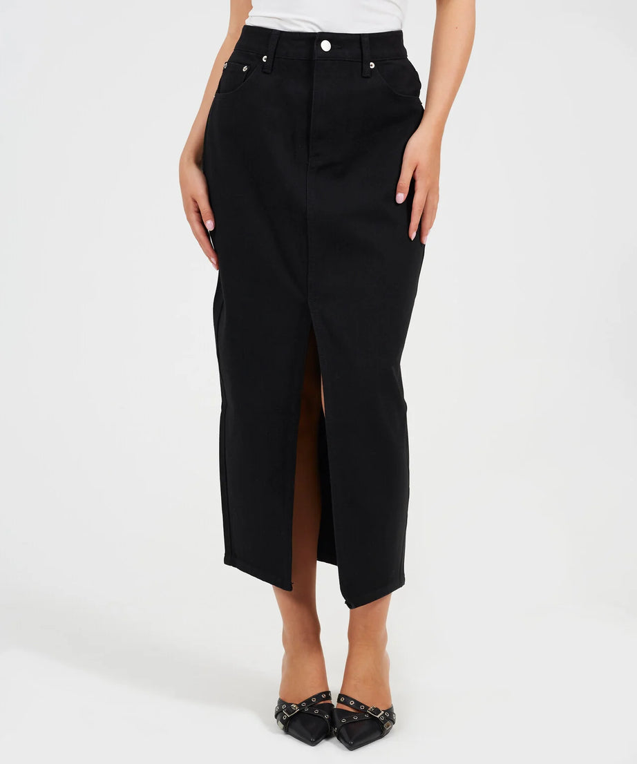 HIGH WAISTED DENIM SKIRT WITH FRONT SPLIT, WASHED BLACK