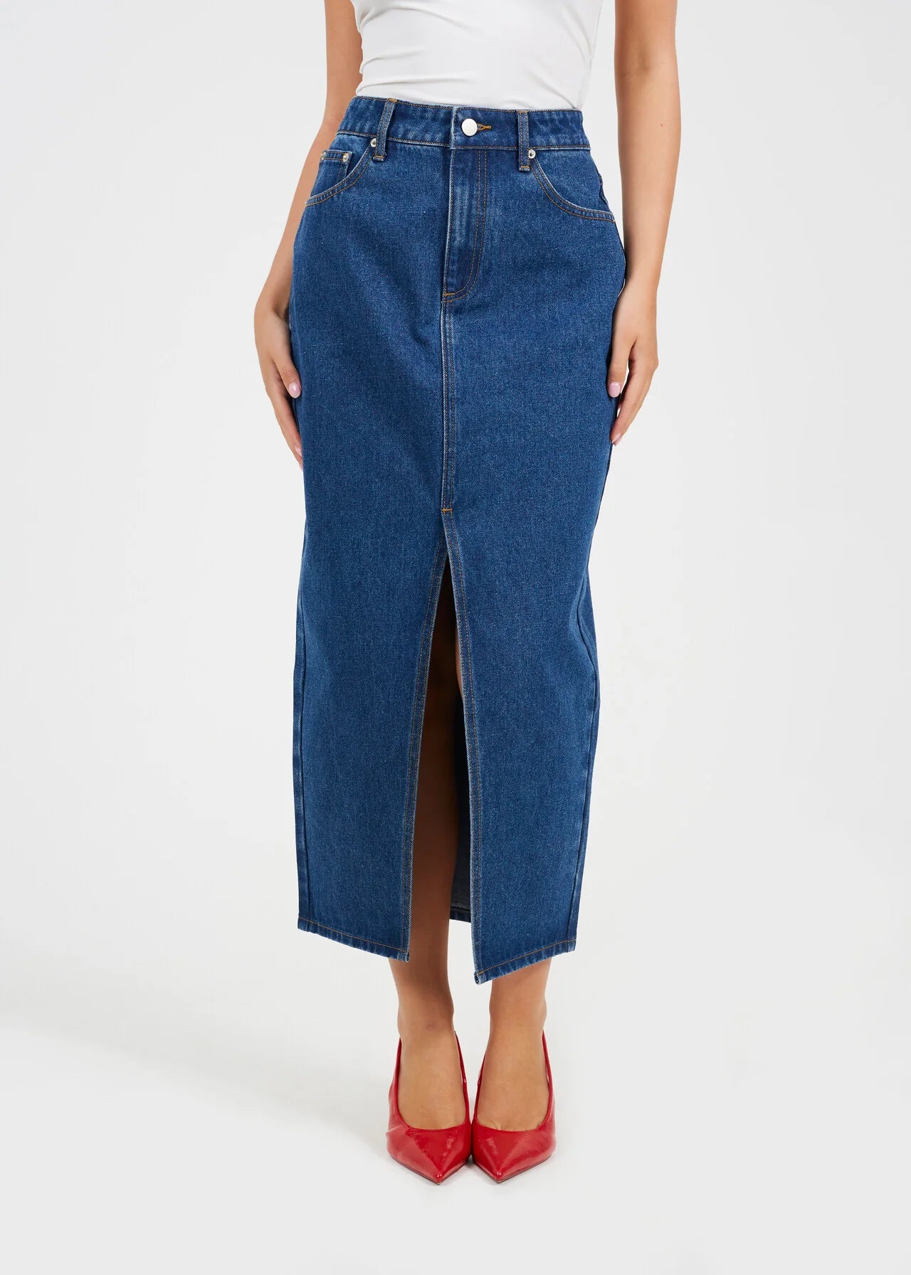 HIGH WAISTED DENIM SKIRT WITH FRONT SPLIT, MID WASH