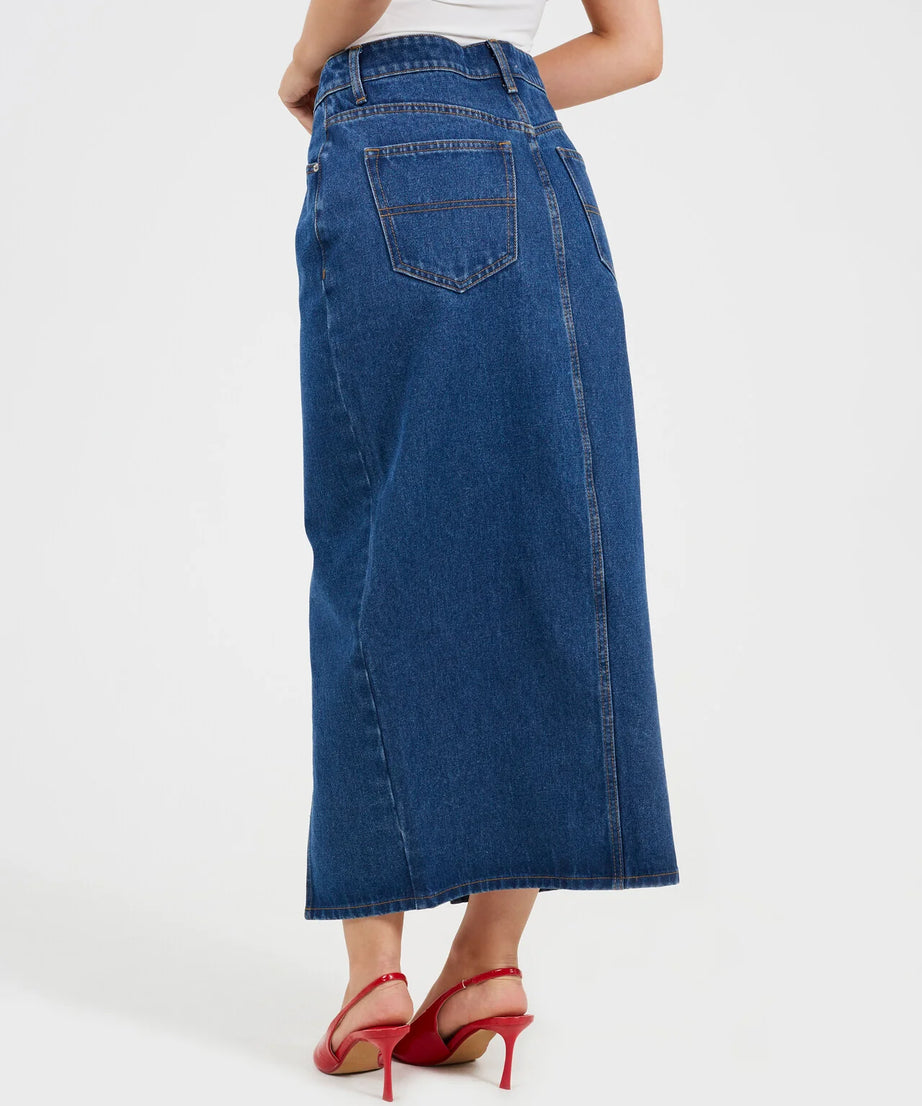 HIGH WAISTED DENIM SKIRT WITH FRONT SPLIT, MID WASH