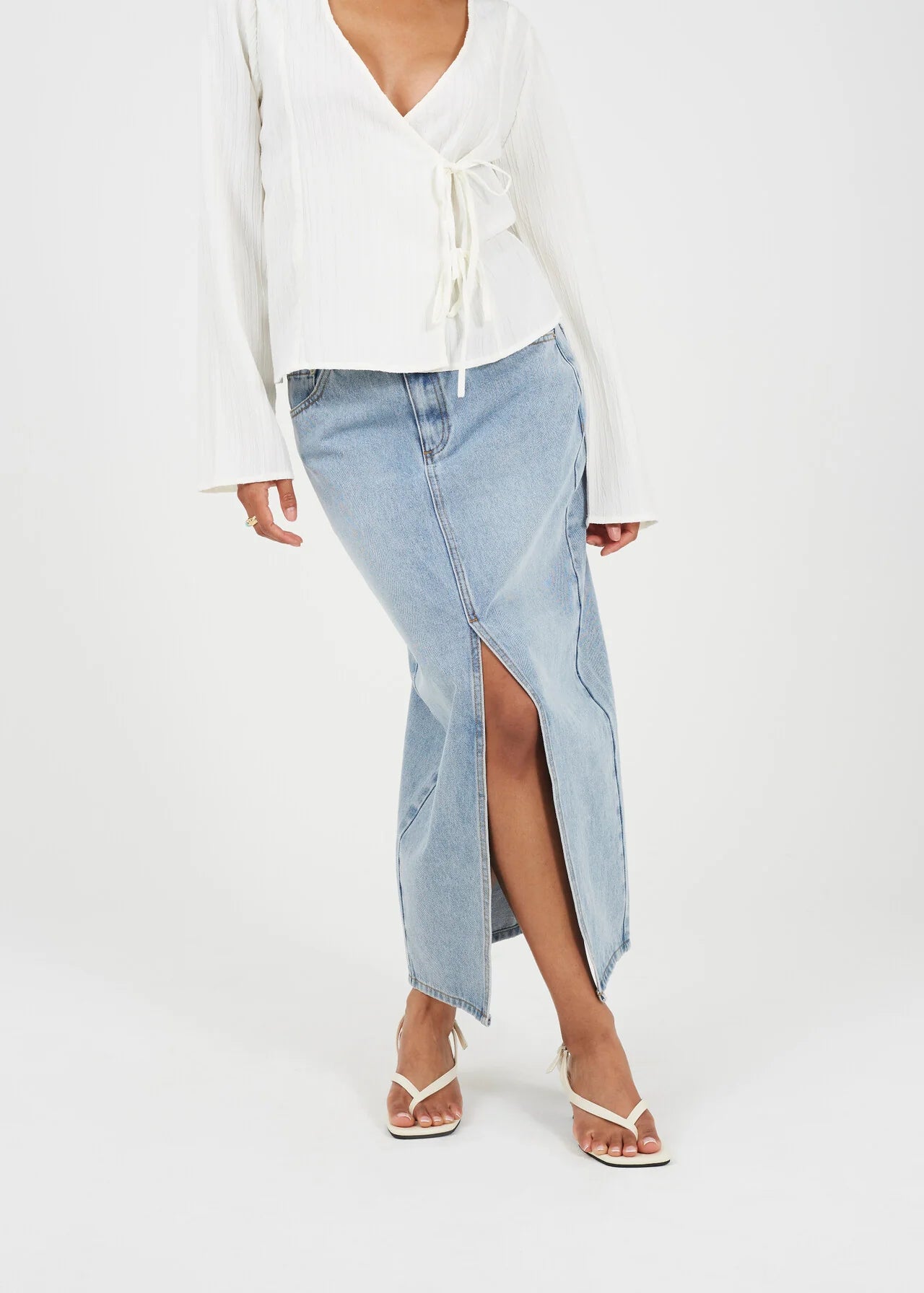 HIGH WAISTED DENIM SKIRT WITH FRONT SPLIT, PALE BLUE WASH