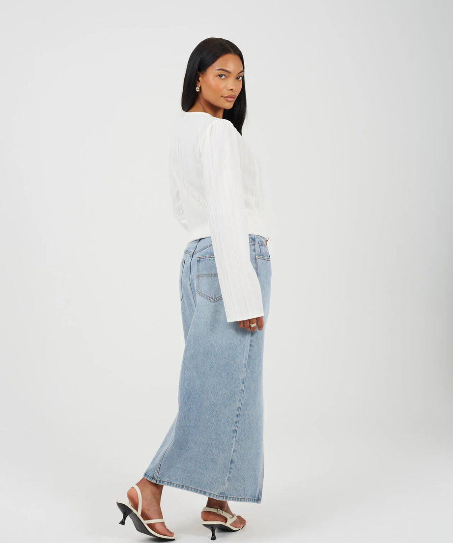 HIGH WAISTED DENIM SKIRT WITH FRONT SPLIT, PALE BLUE WASH