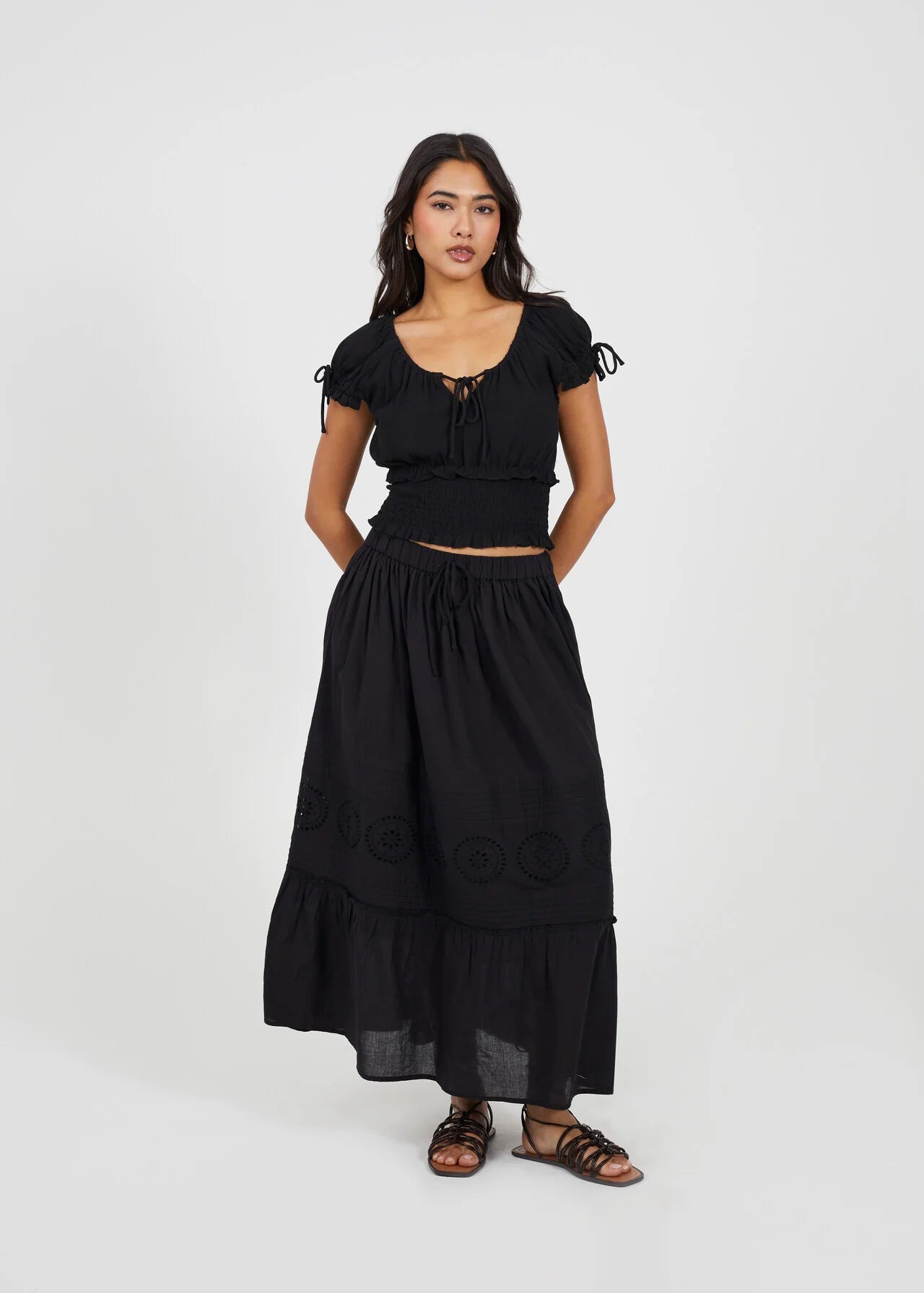 EMBROIDERED TIERED DOUBLE LINED MAXI SKIRT