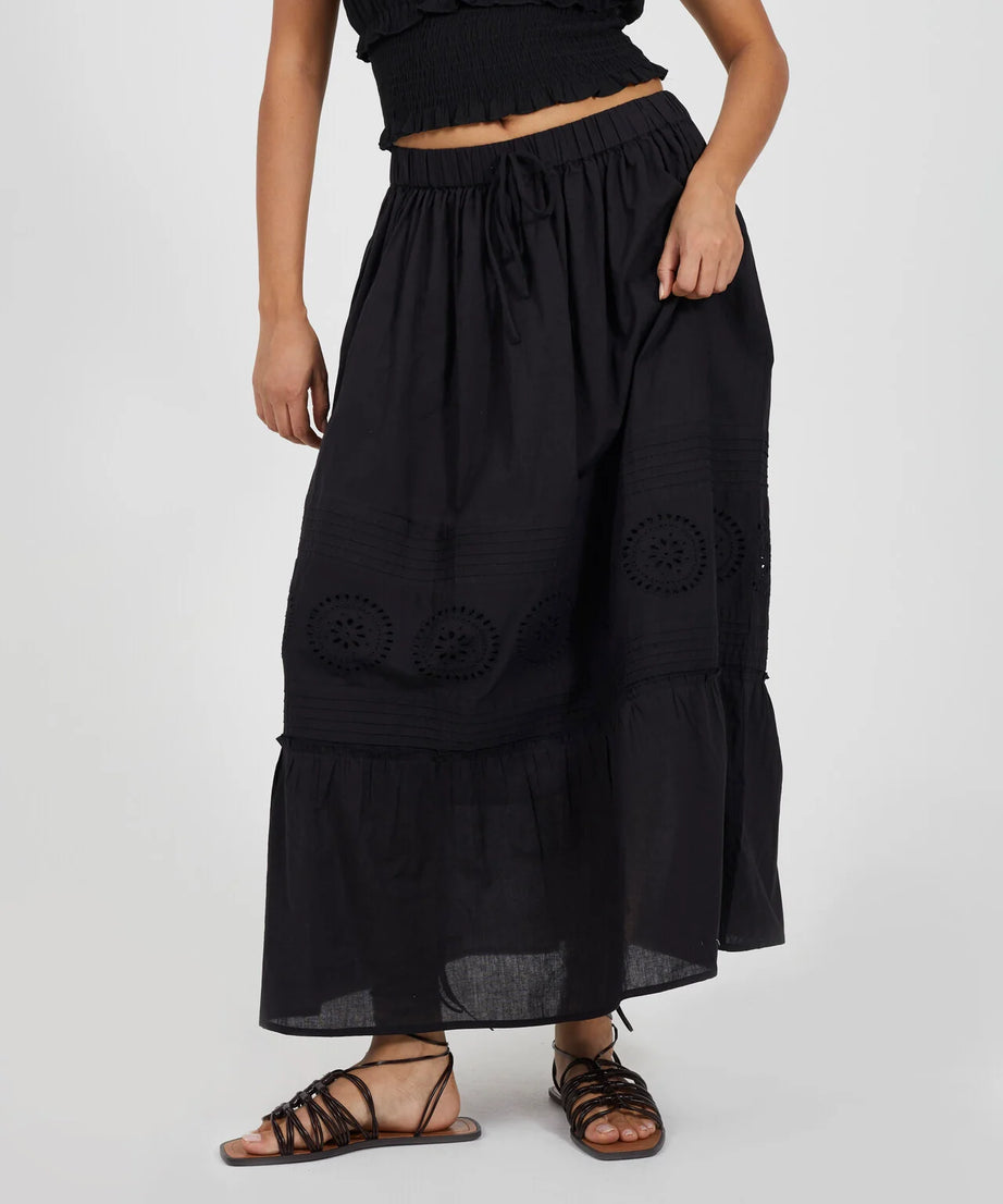 EMBROIDERED TIERED DOUBLE LINED MAXI SKIRT