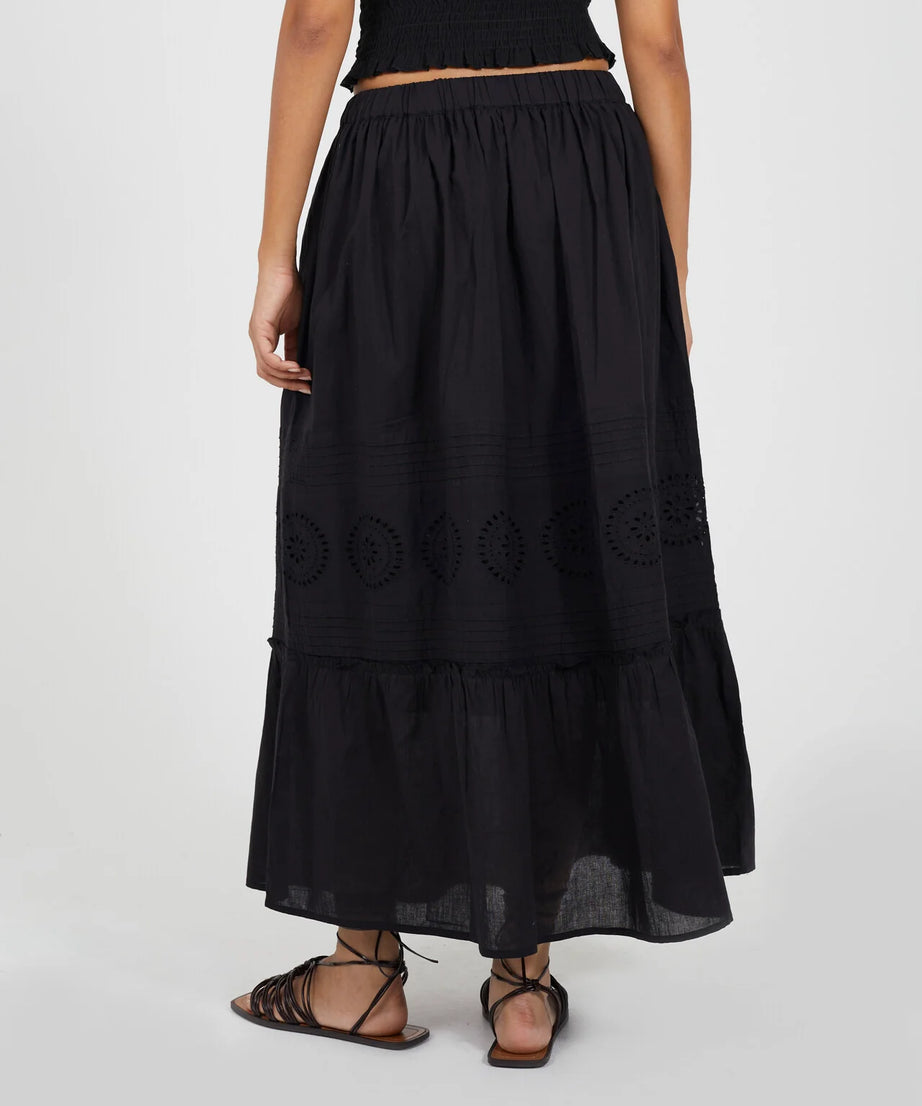 EMBROIDERED TIERED DOUBLE LINED MAXI SKIRT