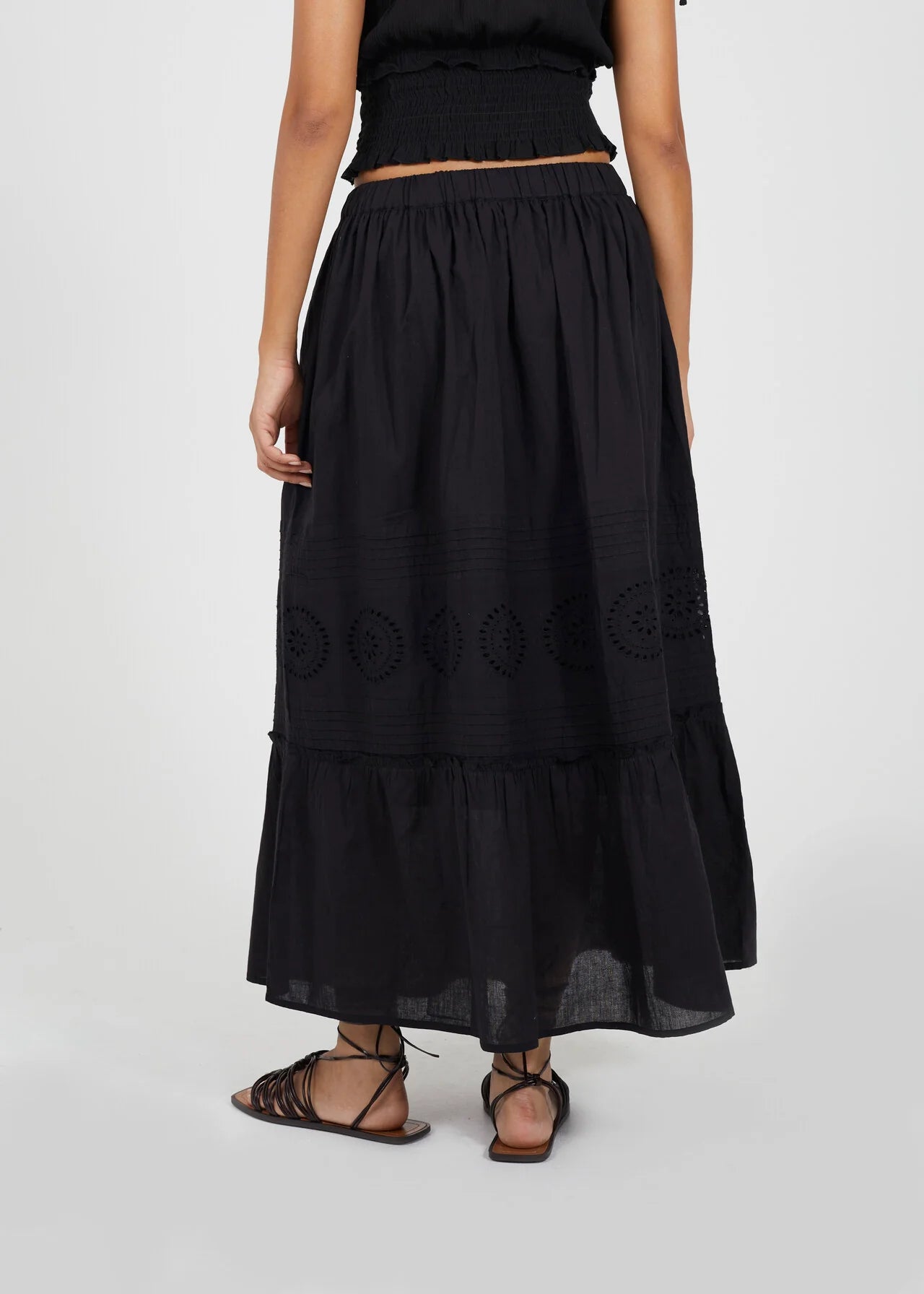 EMBROIDERED TIERED DOUBLE LINED MAXI SKIRT