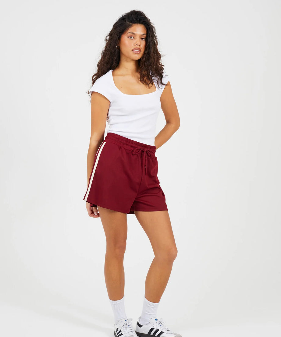 SIDE STRIPE JERSEY SPORTS SHORTS, BURGANDY/CREAM