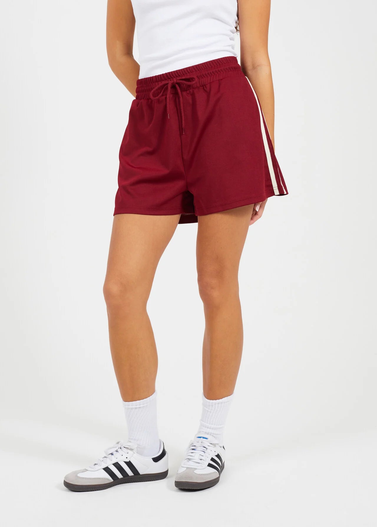 SIDE STRIPE JERSEY SPORTS SHORTS, BURGANDY/CREAM