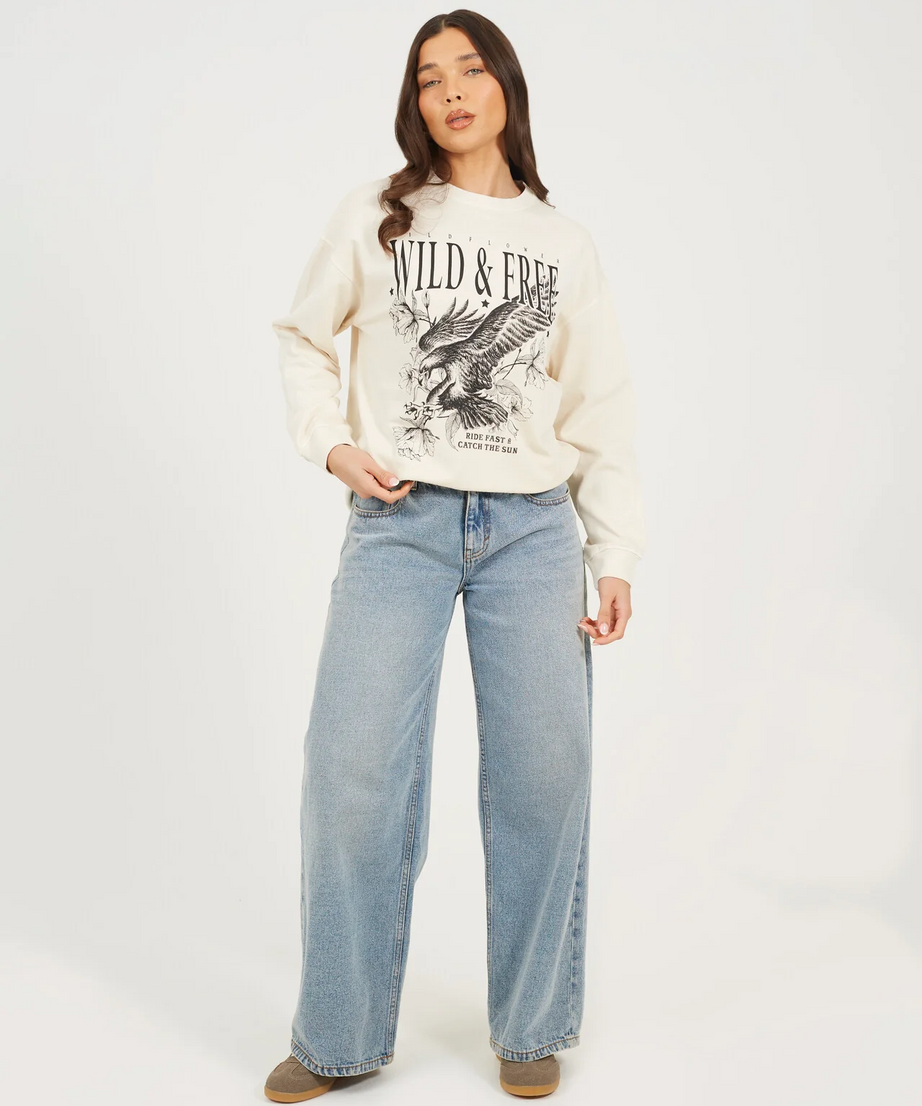 Brave Soul Graphic Print Long Sleeve Sweatshirt – Beige Acid Wash | 100% Cotton