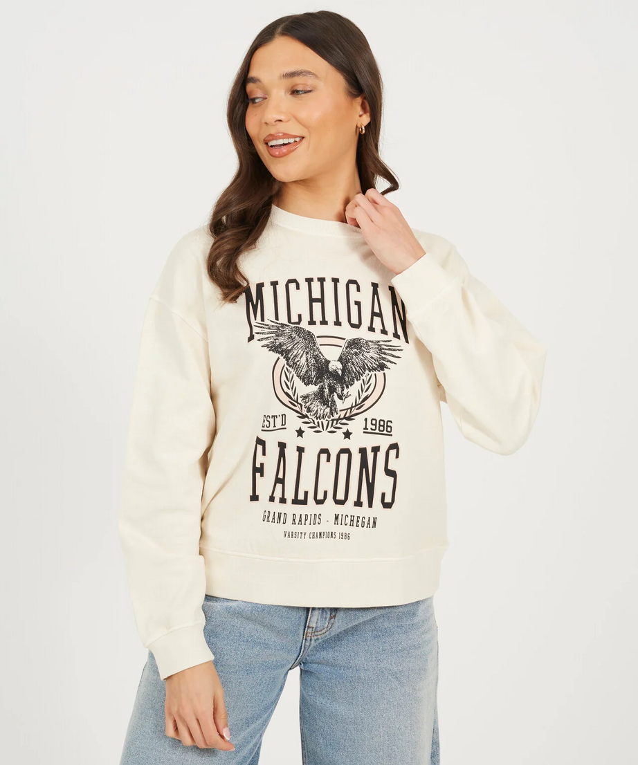 Brave Soul Graphic Print Long Sleeve Sweatshirt – Beige Acid Wash | 100% Cotton