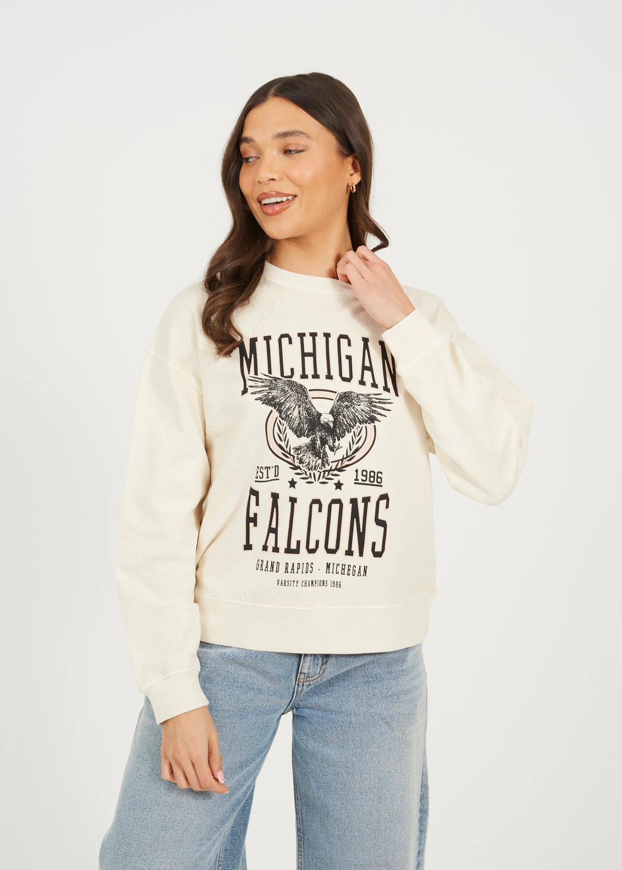 Brave Soul Graphic Print Long Sleeve Sweatshirt – Beige Acid Wash | 100% Cotton