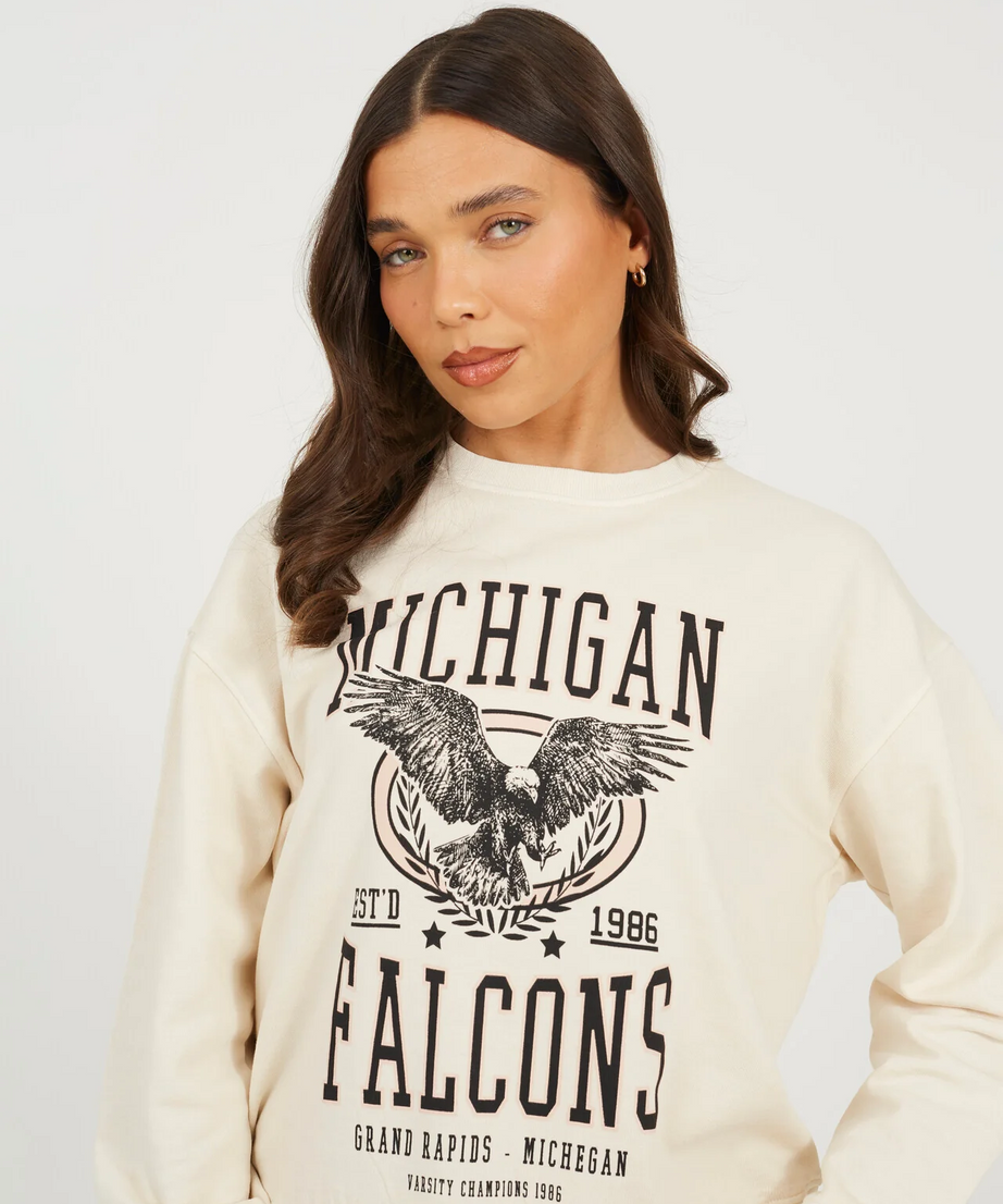 Brave Soul Graphic Print Long Sleeve Sweatshirt – Beige Acid Wash | 100% Cotton