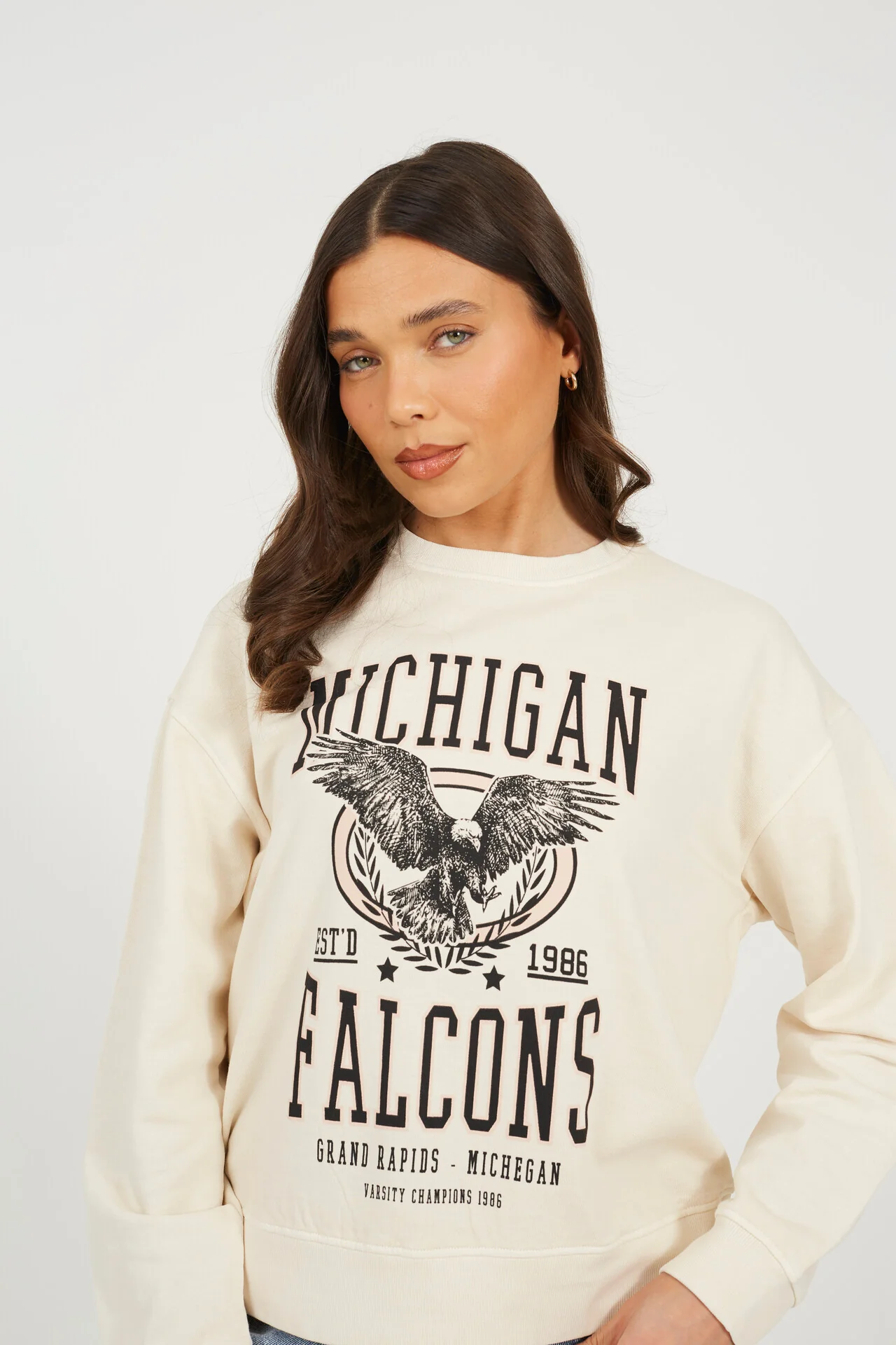 Brave Soul Graphic Print Long Sleeve Sweatshirt – Beige Acid Wash | 100% Cotton