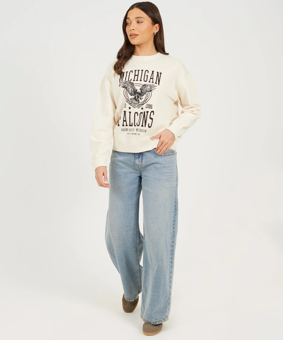 Brave Soul Graphic Print Long Sleeve Sweatshirt – Beige Acid Wash | 100% Cotton