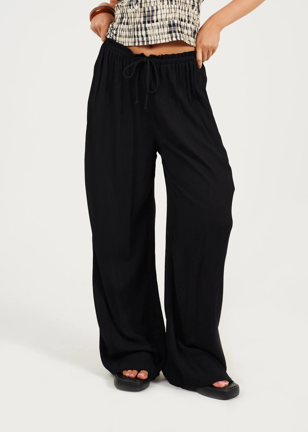 CRINKLE DRAWCORD TEXTURED TROUSERS, BLACK
