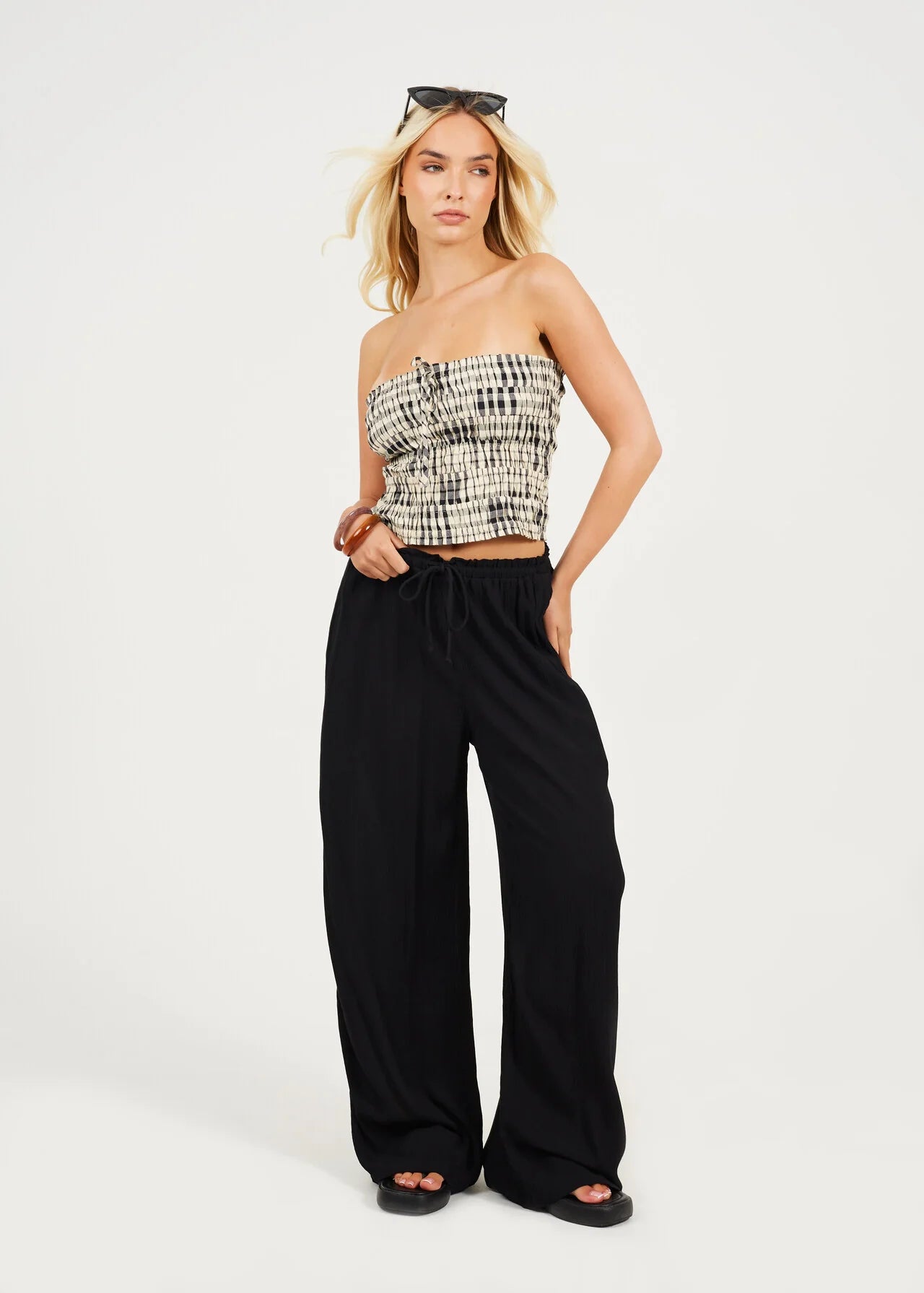 CRINKLE DRAWCORD TEXTURED TROUSERS, BLACK