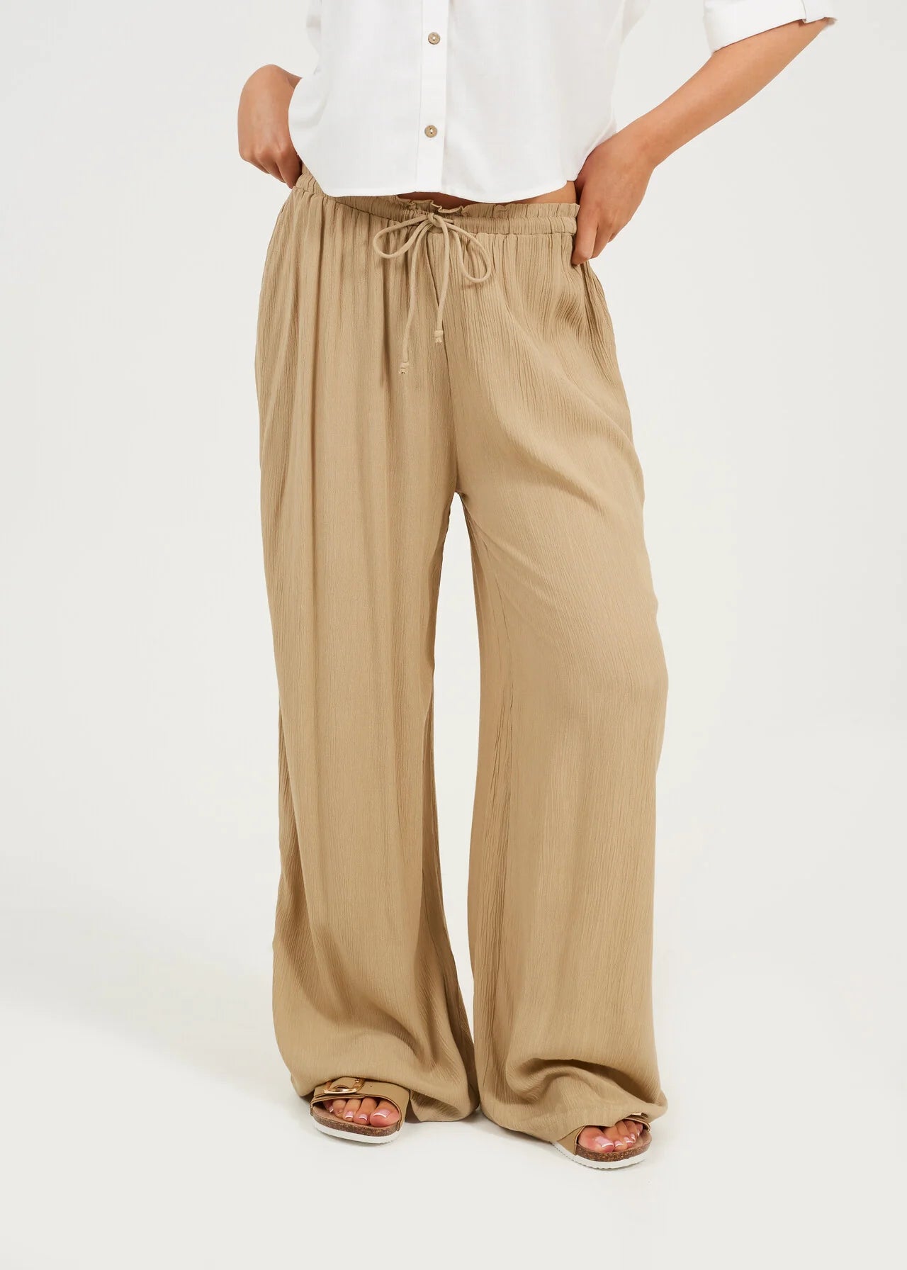 CRINKLE DRAWCORD TEXTURED TROUSERS, STONE