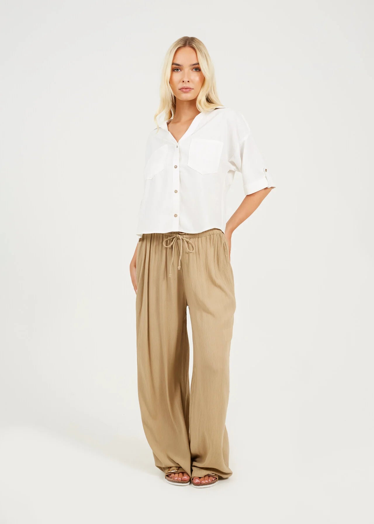 CRINKLE DRAWCORD TEXTURED TROUSERS, STONE
