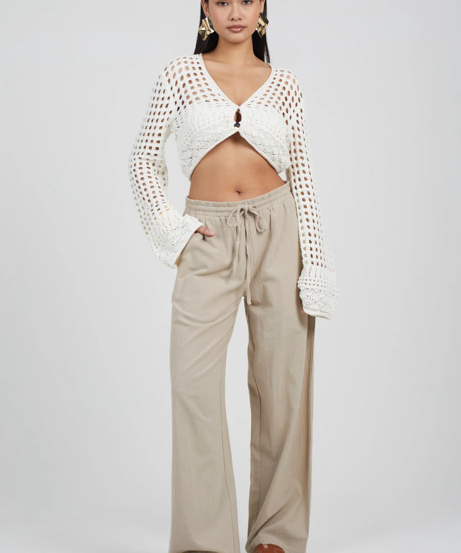 RELAXED FIT DRAWCORD STRAIGHT LEG LINEN TROUSERS, PUTTY