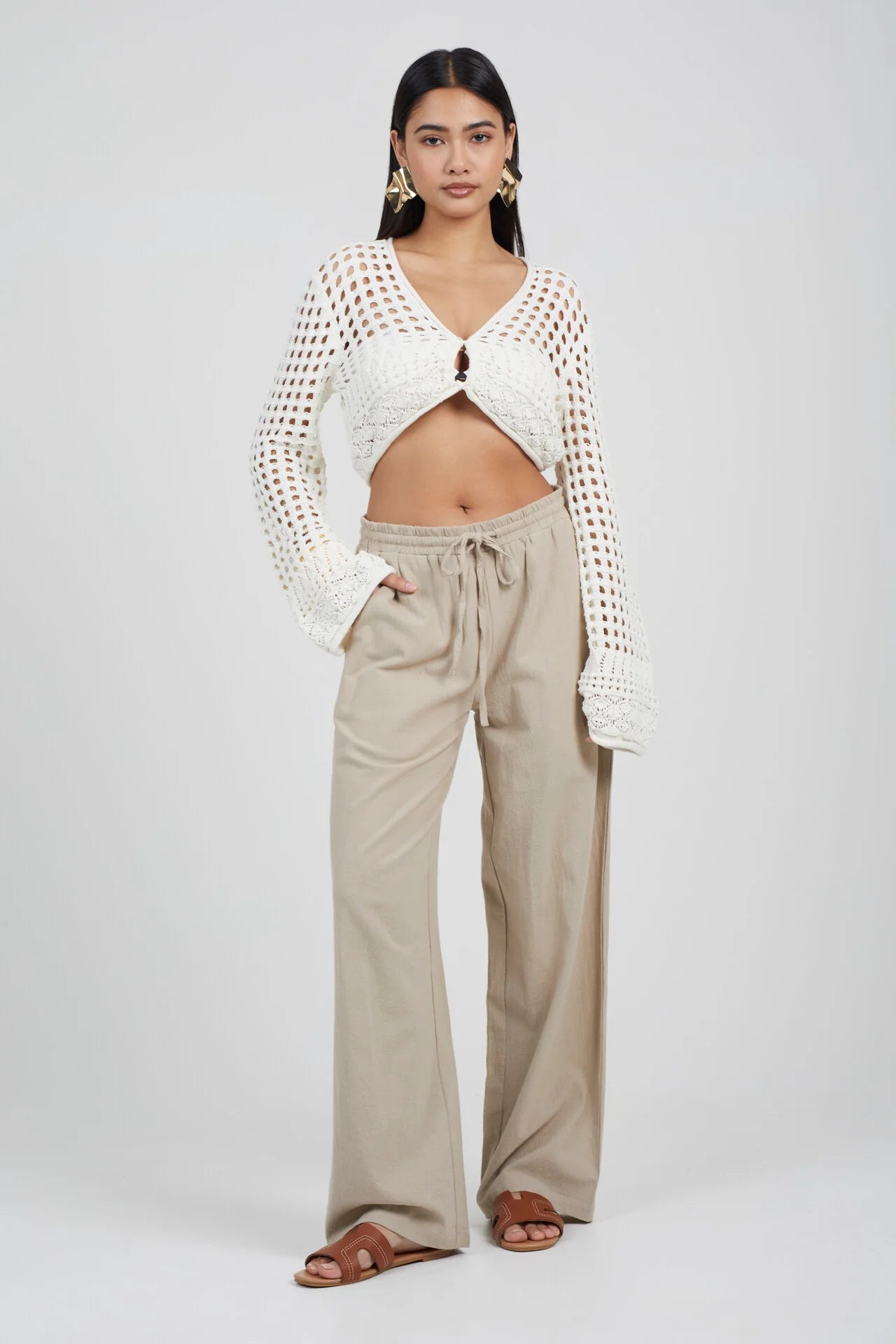 RELAXED FIT DRAWCORD STRAIGHT LEG LINEN TROUSERS, PUTTY