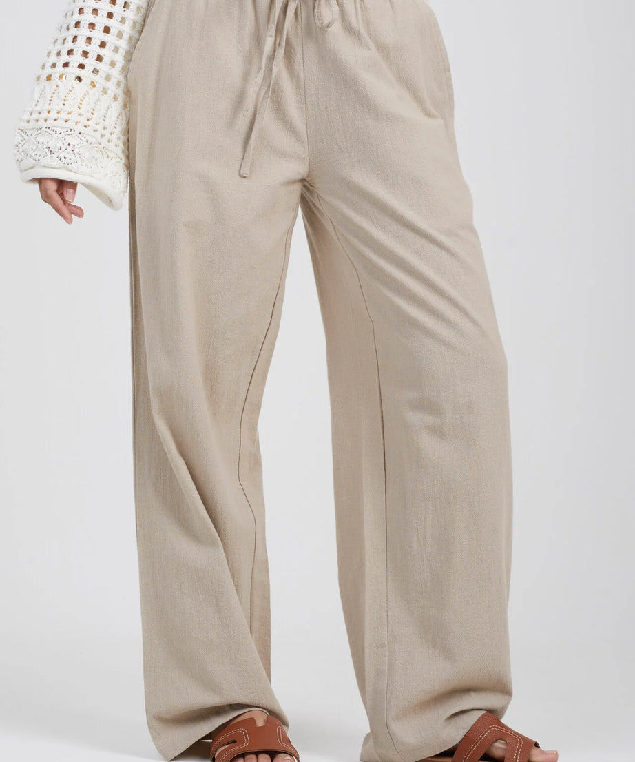 RELAXED FIT DRAWCORD STRAIGHT LEG LINEN TROUSERS, PUTTY