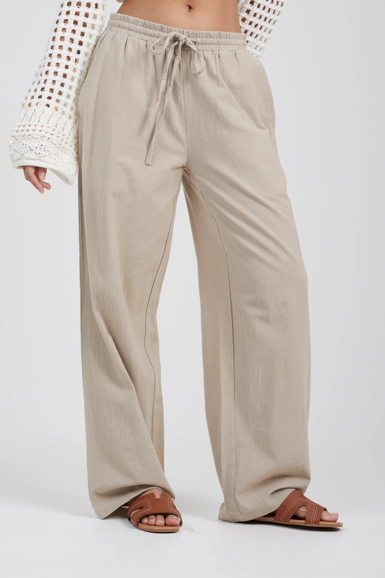 RELAXED FIT DRAWCORD STRAIGHT LEG LINEN TROUSERS, PUTTY