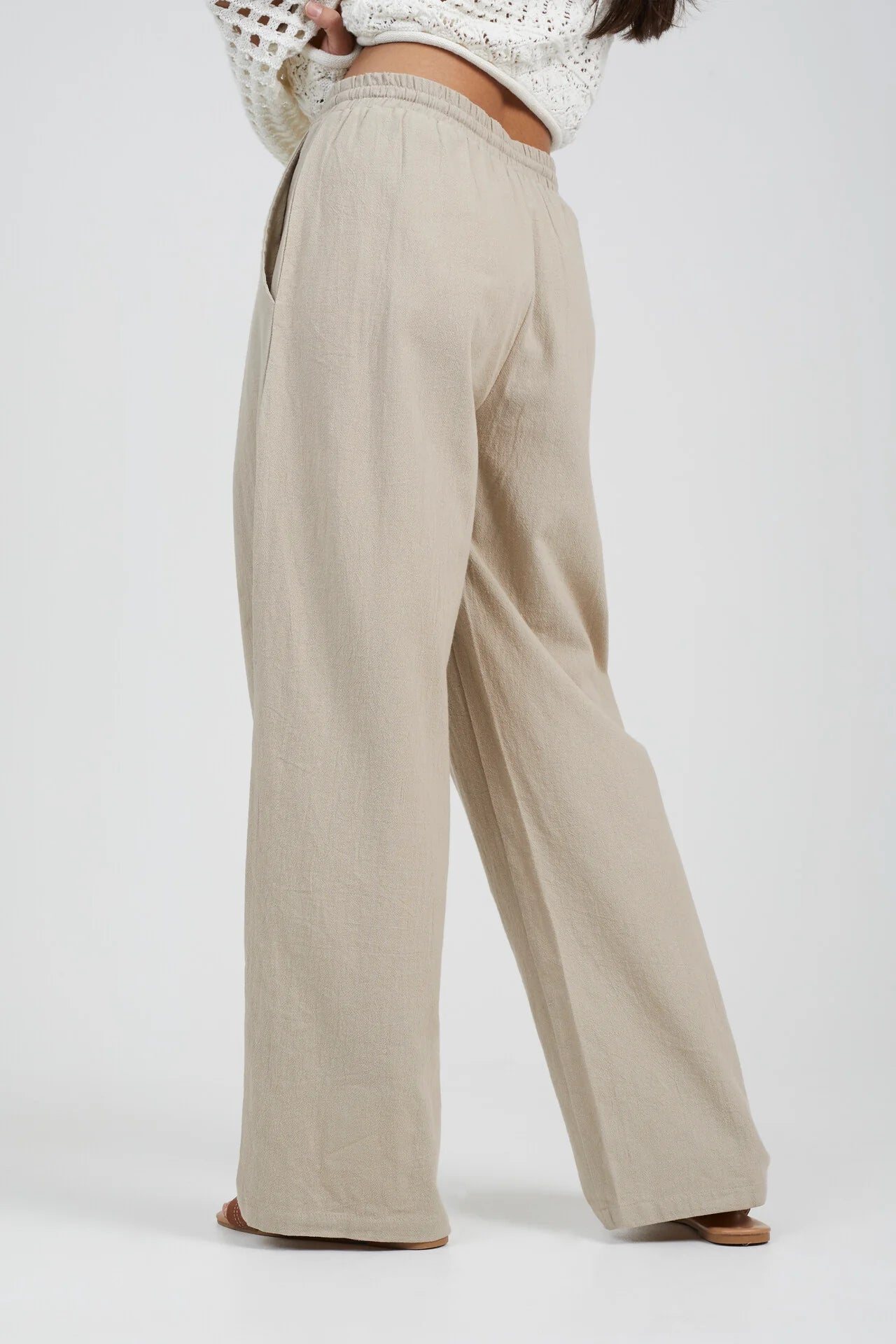 RELAXED FIT DRAWCORD STRAIGHT LEG LINEN TROUSERS, PUTTY