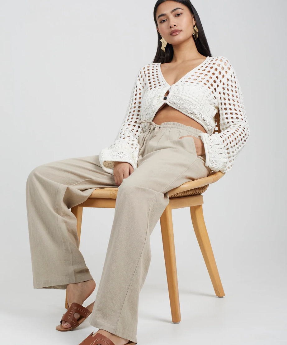 RELAXED FIT DRAWCORD STRAIGHT LEG LINEN TROUSERS, PUTTY