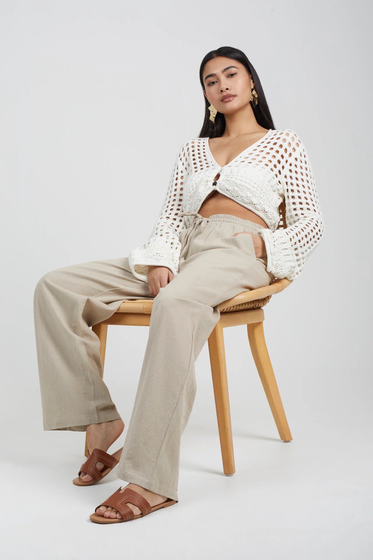 RELAXED FIT DRAWCORD STRAIGHT LEG LINEN TROUSERS, PUTTY