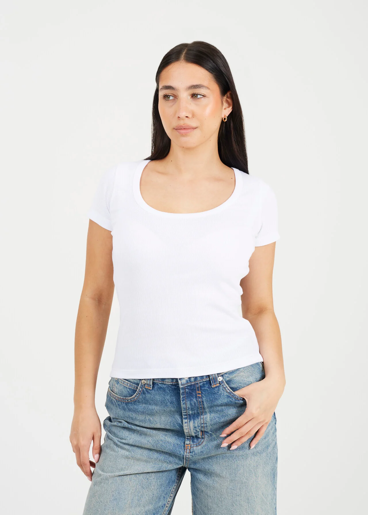 Brave Soul Women’s Scoop Neck Ribbed T-Shirt – White Short Sleeve
