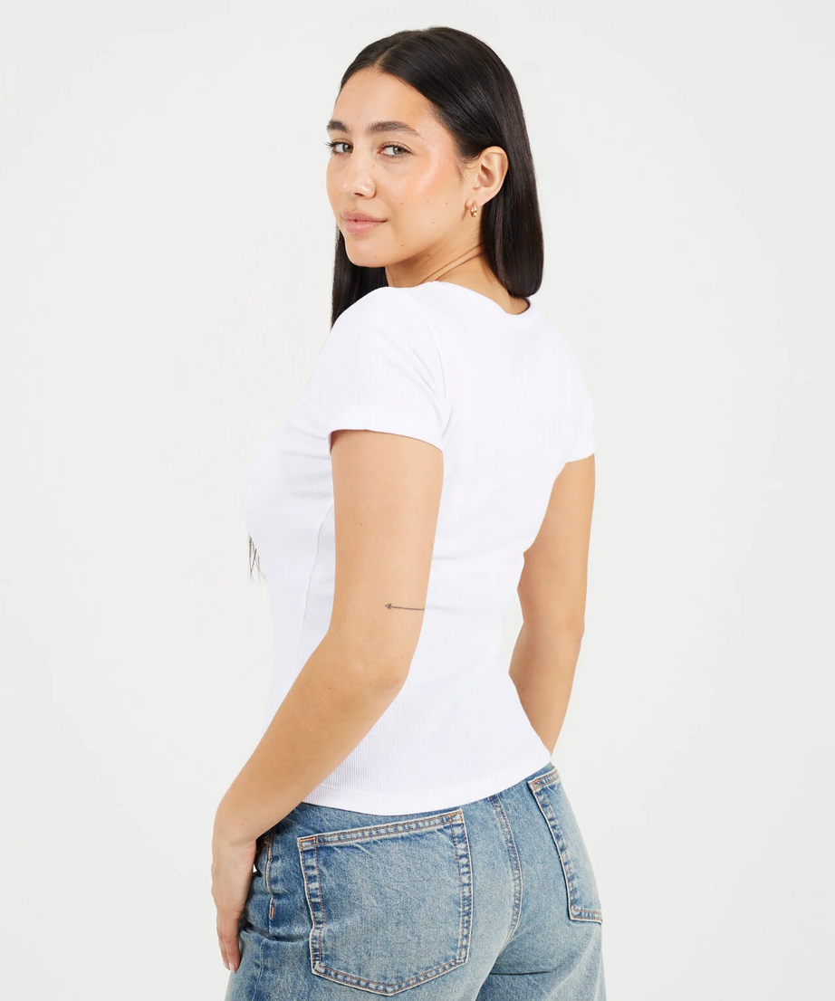 Brave Soul Women’s Scoop Neck Ribbed T-Shirt – White Short Sleeve