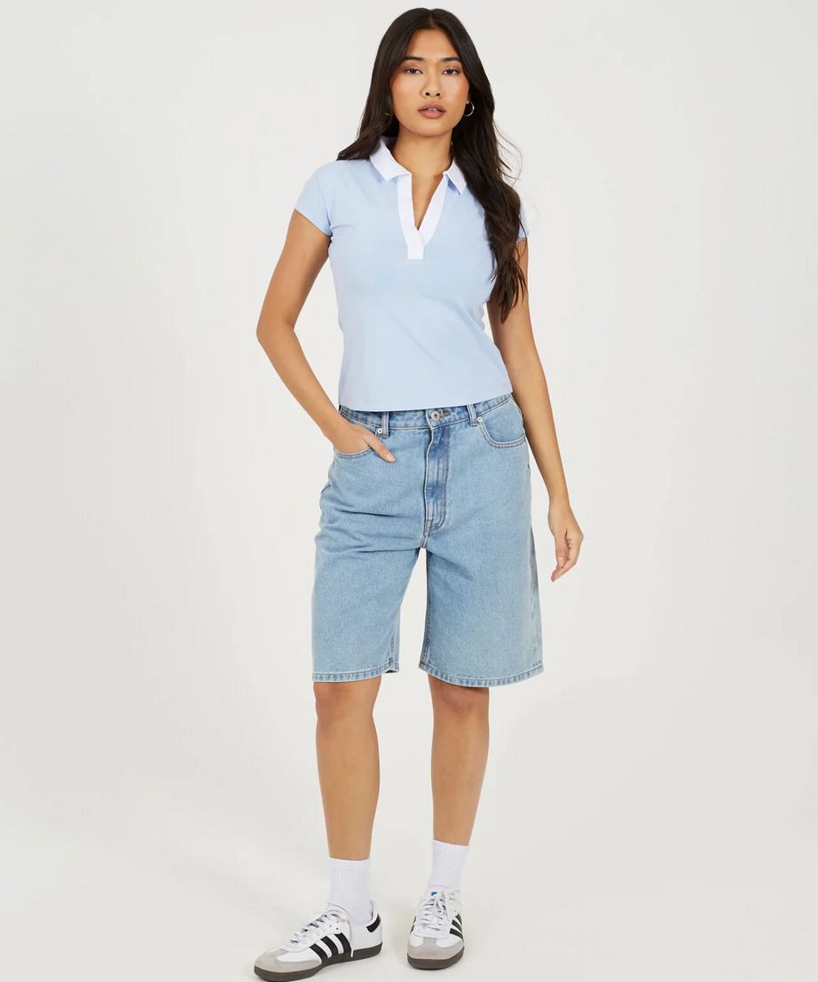 Brave Soul Collared Jersey T-Shirt – Grey Marl / Baby Blue