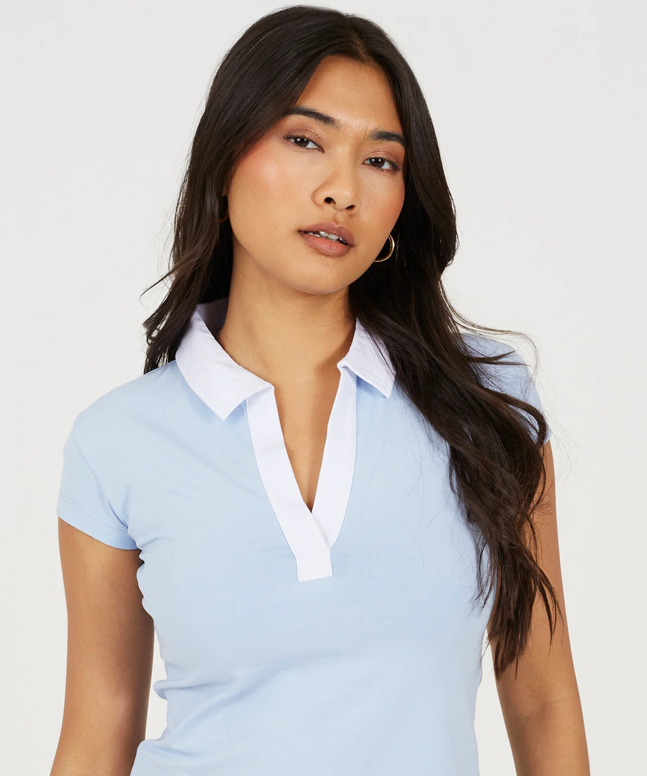 Brave Soul Collared Jersey T-Shirt – Grey Marl / Baby Blue