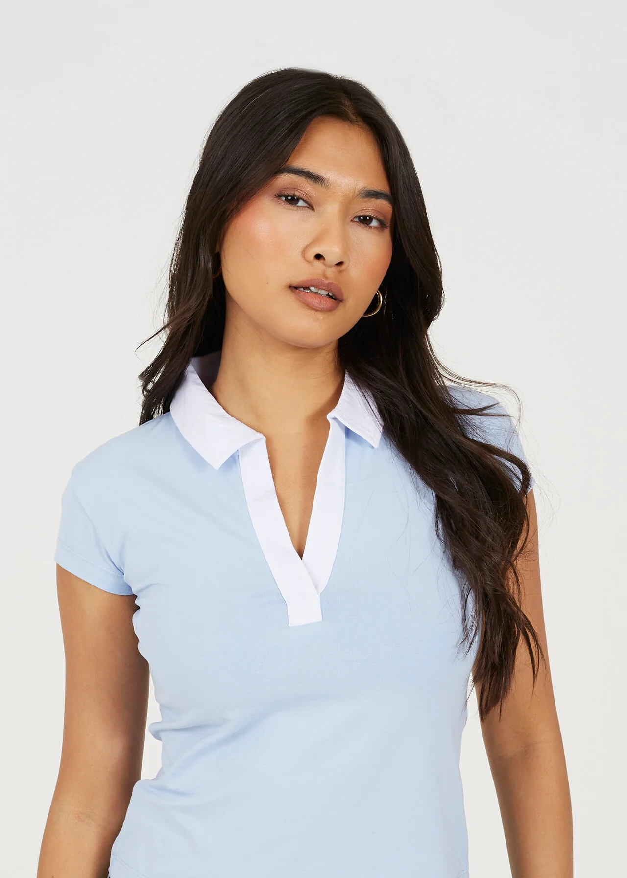 Brave Soul Collared Jersey T-Shirt – Grey Marl / Baby Blue