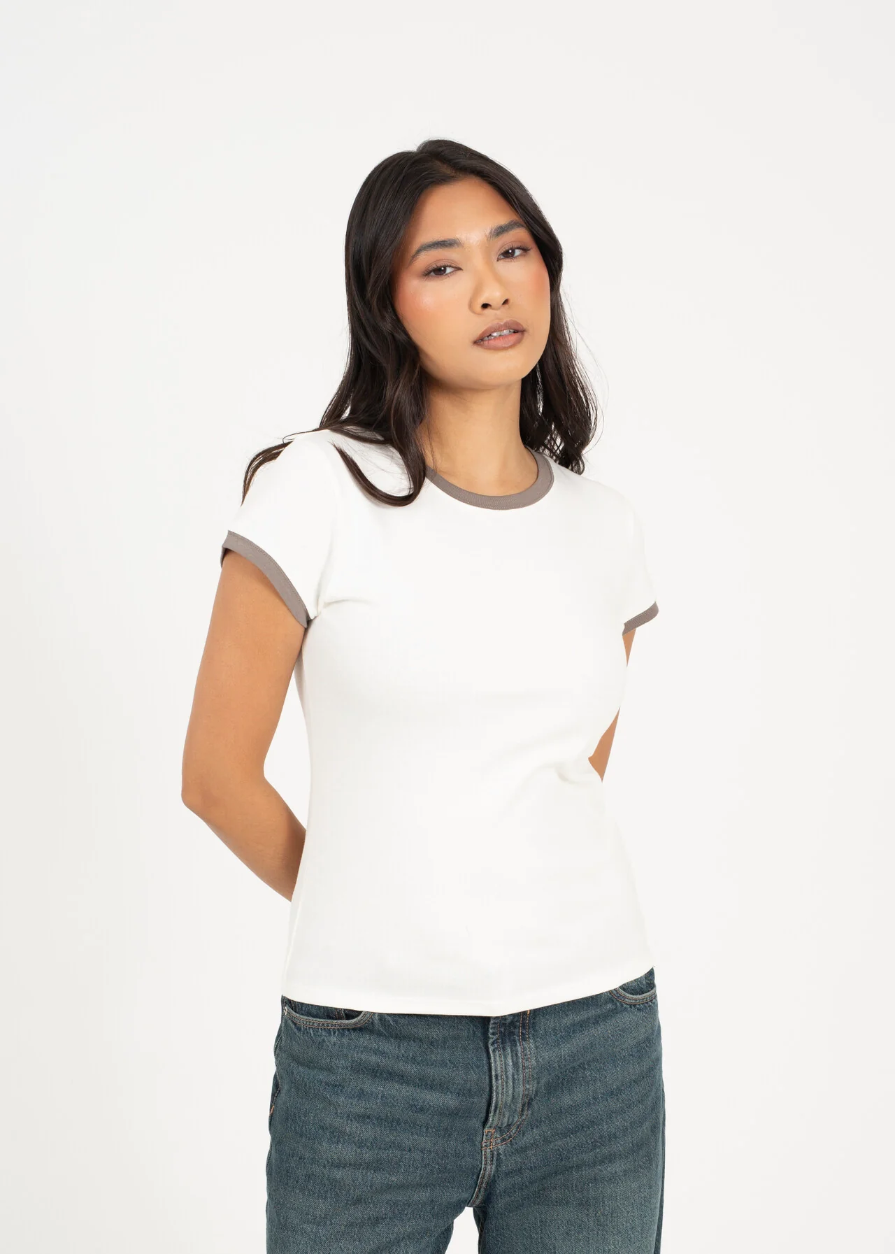 Brave Soul Contrast Edge Jersey T-Shirt – Cream/Rock