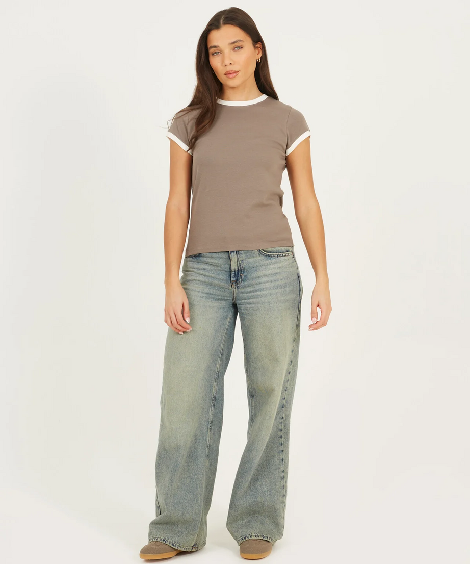 Brave Soul Contrast Edge Jersey T-Shirt – Cream/Rock