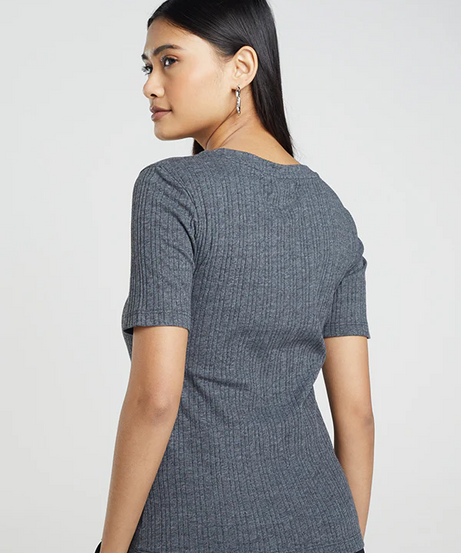 Brave Soul Knitted Rib T-Shirt – Charcoal | Women’s Short Sleeve